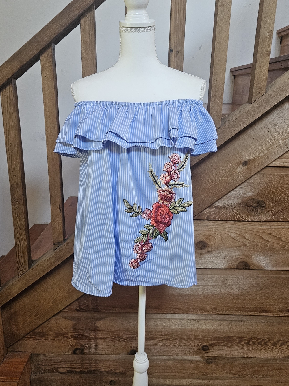 Striped Off-Shoulder Blue Floral Embroidered Top